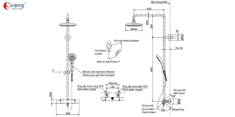 Sơ đồ cấu tạo chung của một cây sen tắm đứng.