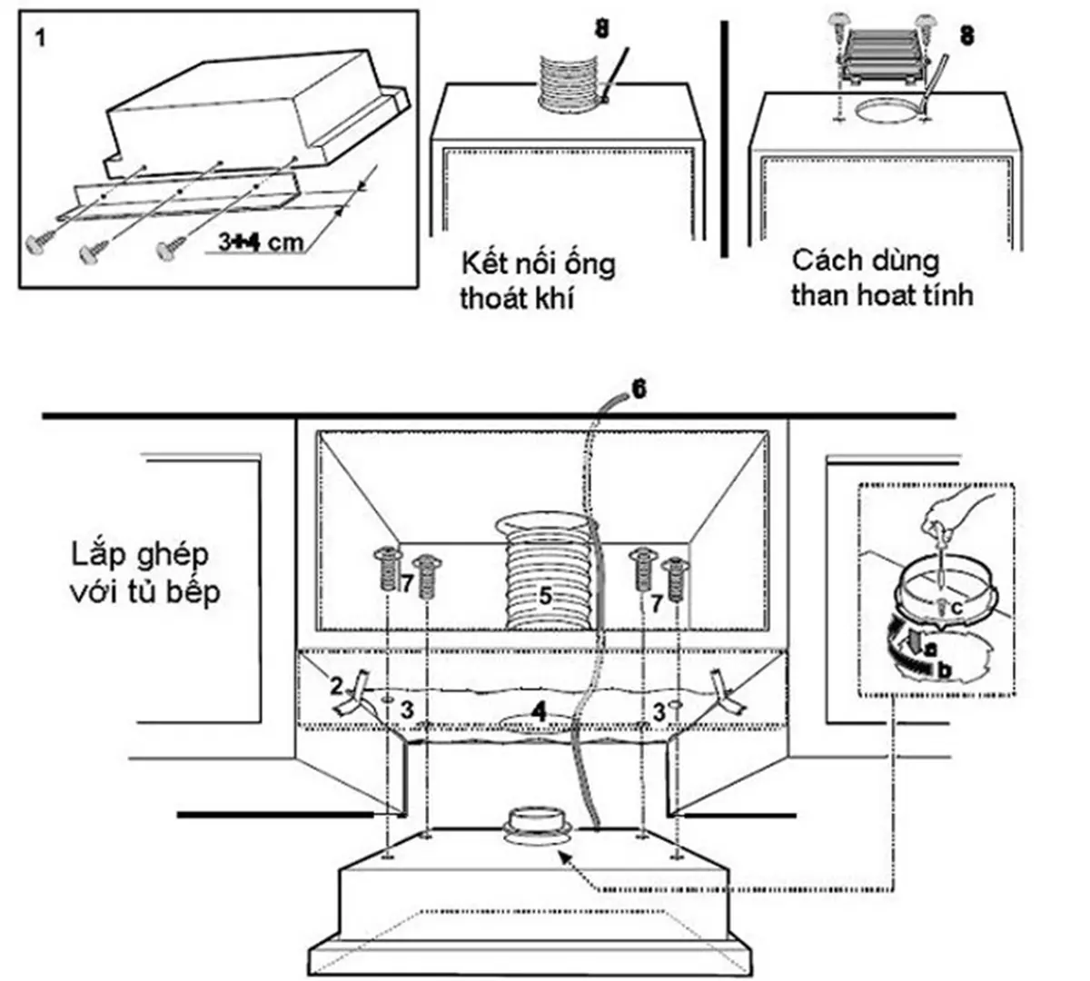 Sơ đồ hướng dẫn các bước lắp đặt máy hút mùi bếp cơ bản