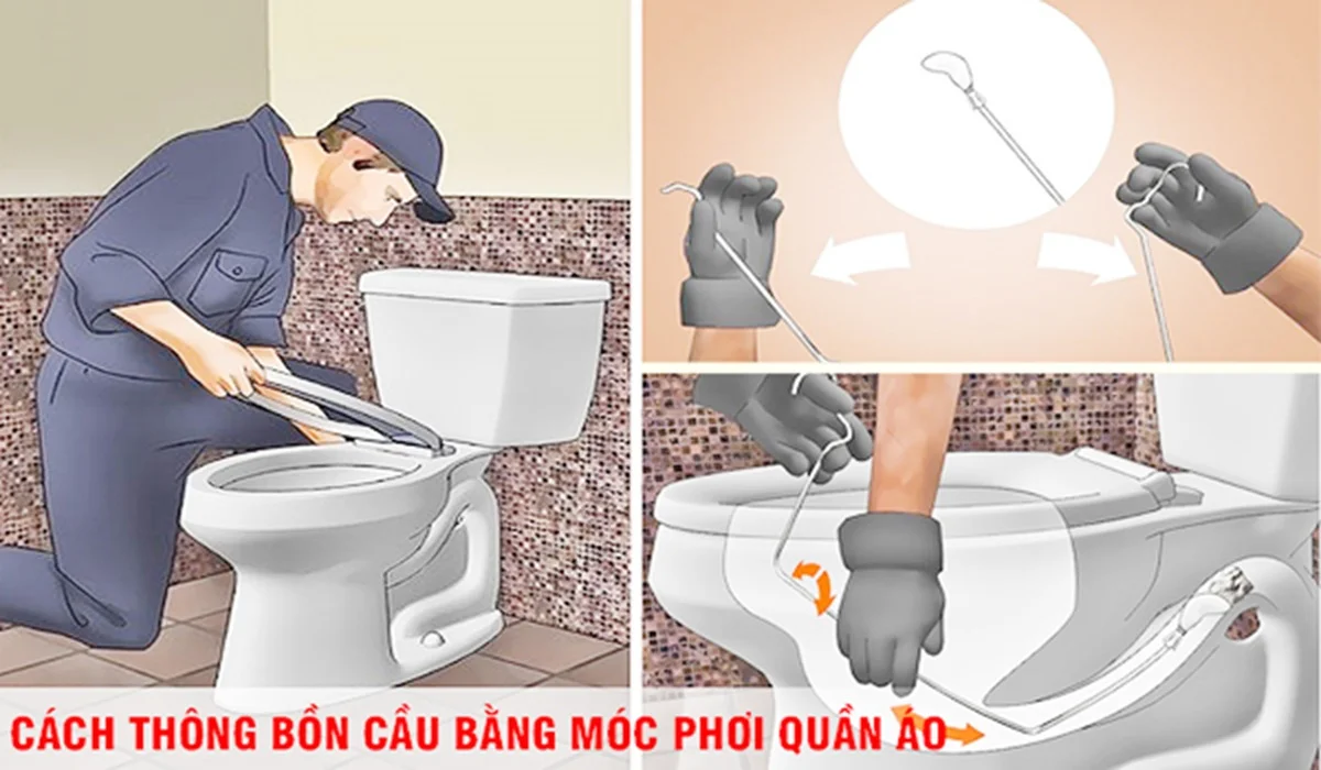 Cách bước thông tắc bồn cầu bằng móc treo quần áo 