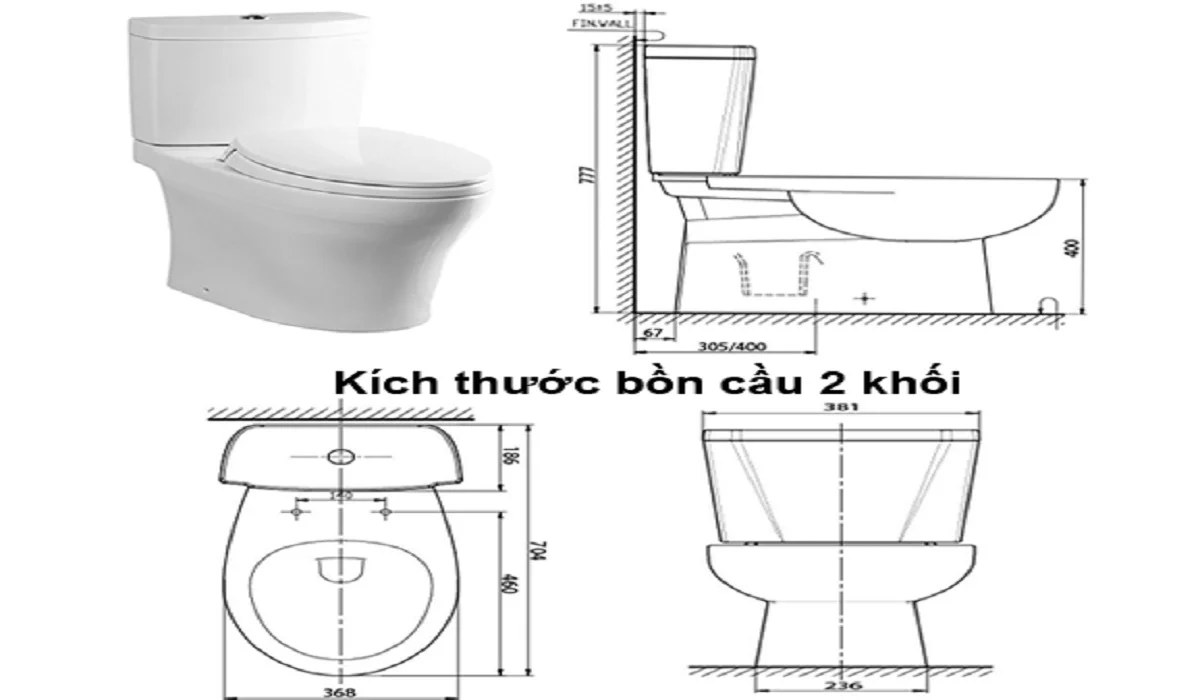 Bồn cầu 2 khối loại nhỏ, với thiết kế tách rời giữa bồn chứa nước và bệ ngồi