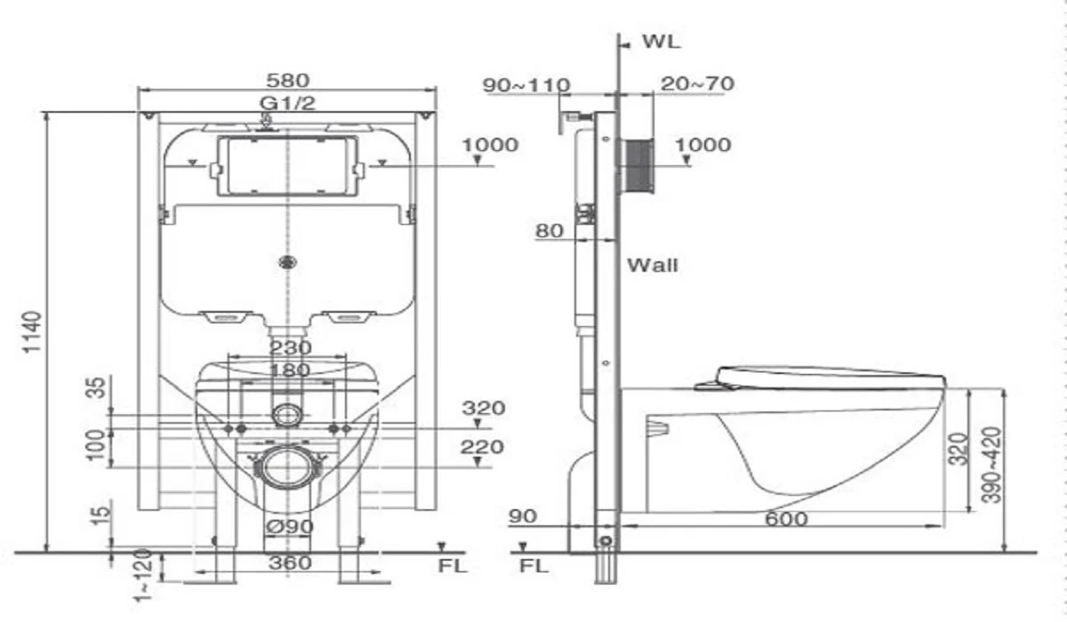 Bồn chứa bồn cầu treo tường thường được giấu bên trong tường