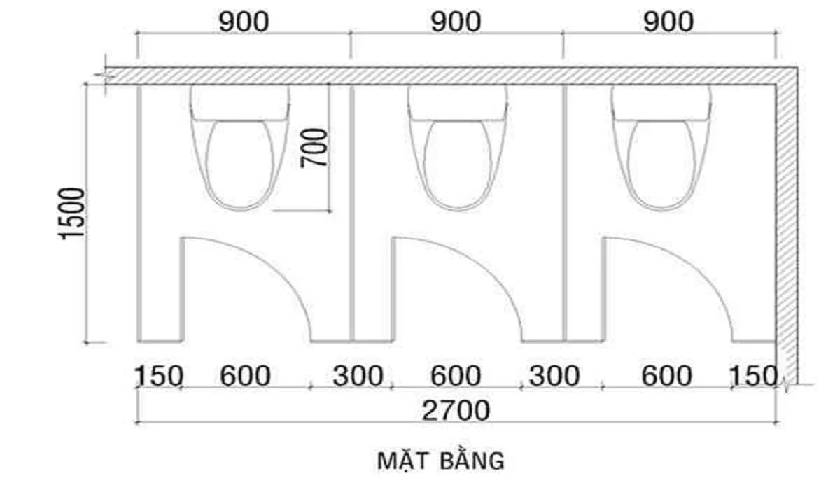 Mẫu nhà vệ sinh công cộng với 3 phòng có kích thước tổng thể là 2.7 x 1.5 mét