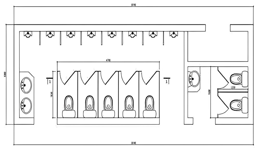 Bản vẽ nhà vệ sinh công cộng với 7 phòng được chia thành hai khu vực