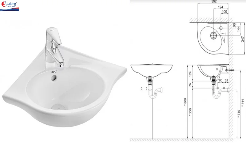 Chiều cao của lavabo góc thường dao động từ 130mm đến 150mm