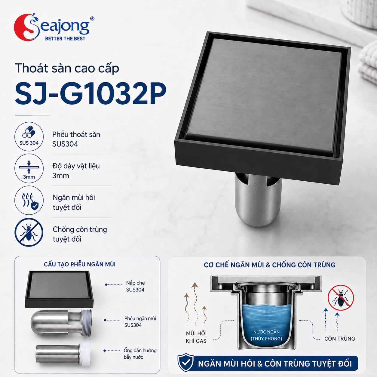 Ga thoát sàn SUS304 cao cấp SJ-G1032P
