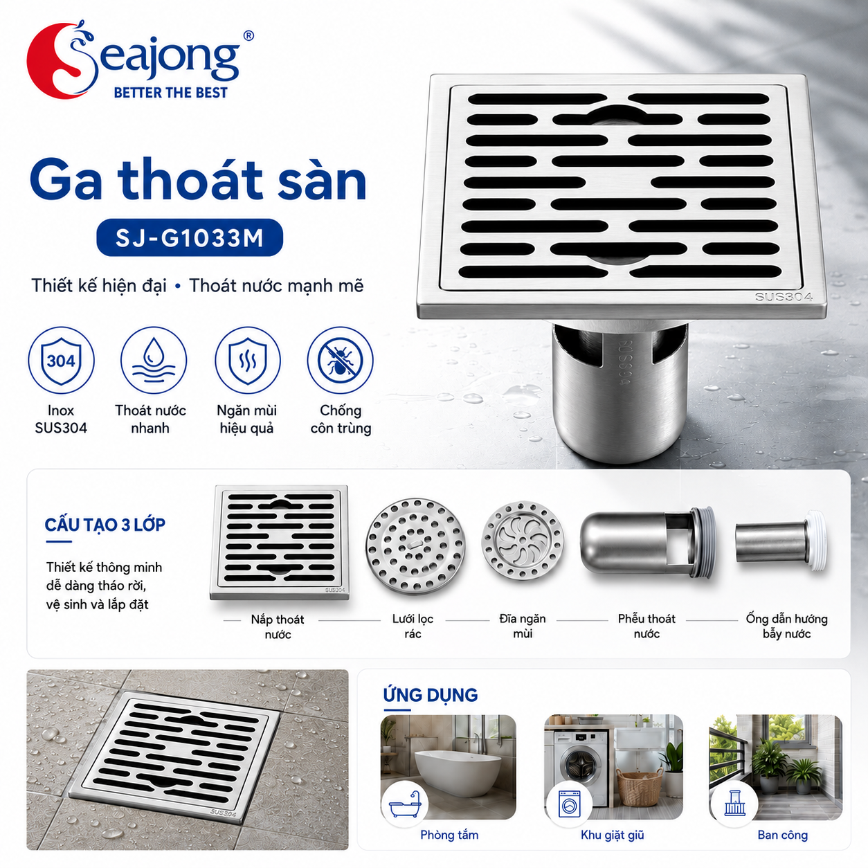 Ga thoát sàn SUS304 cao cấp SJ-G1033M