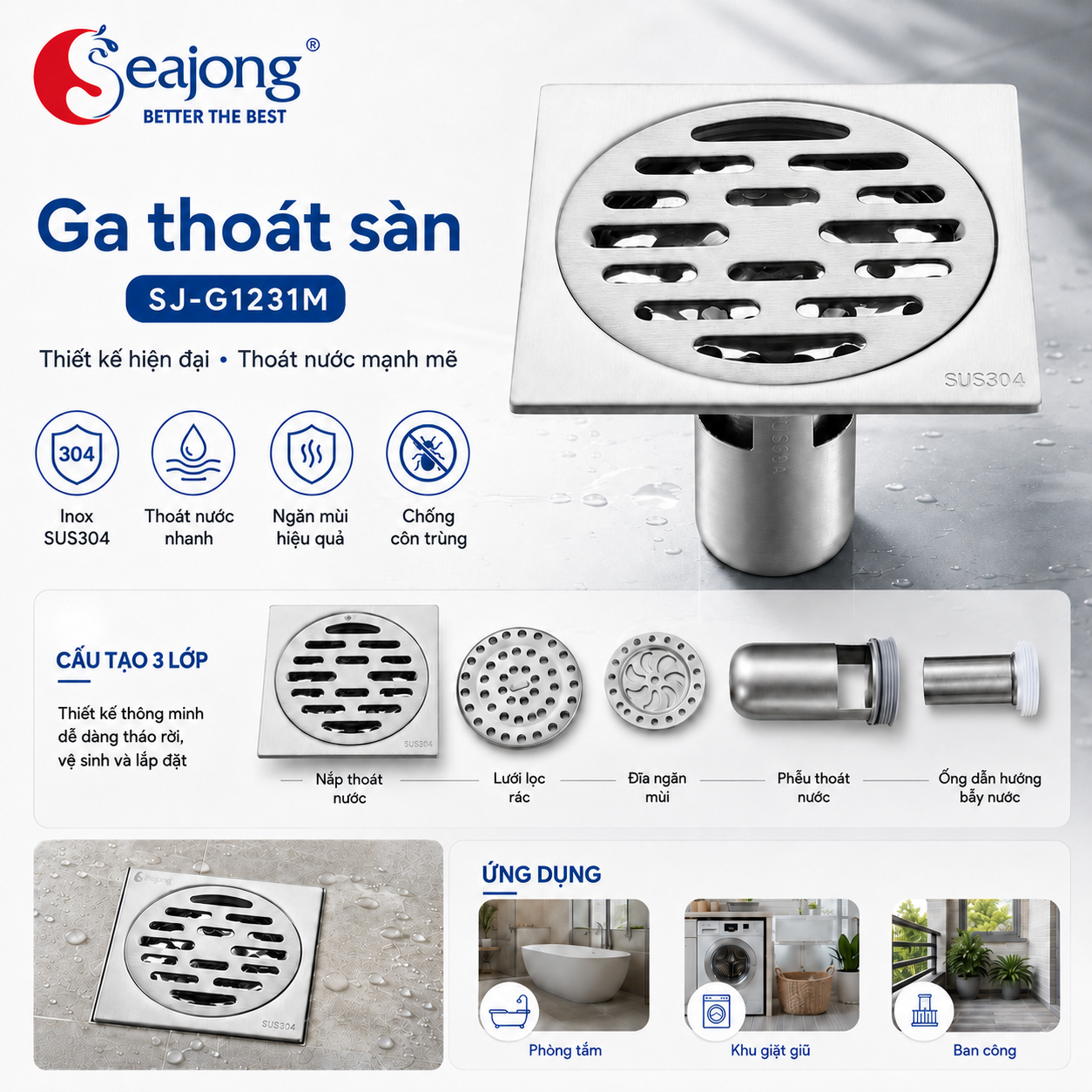 Ga thoát sàn SUS304 cao cấp SJ-G1231M