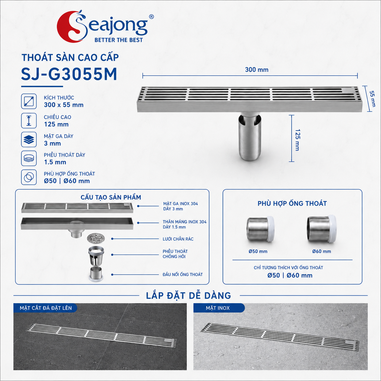Ga thoát sàn SUS304 cao cấp SJ-G3055M