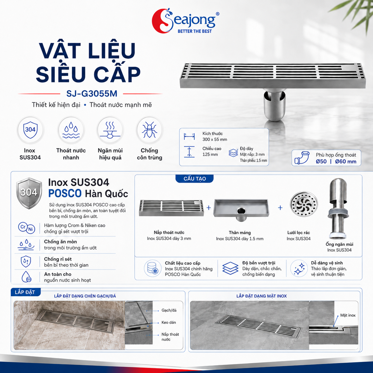 Ga thoát sàn SUS304 cao cấp SJ-G3055M