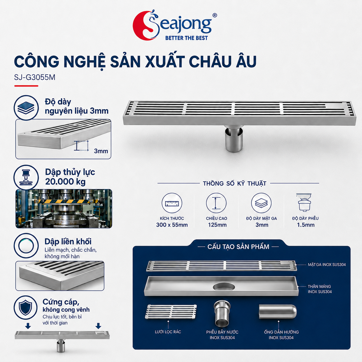 Ga thoát sàn SUS304 cao cấp SJ-G3055M