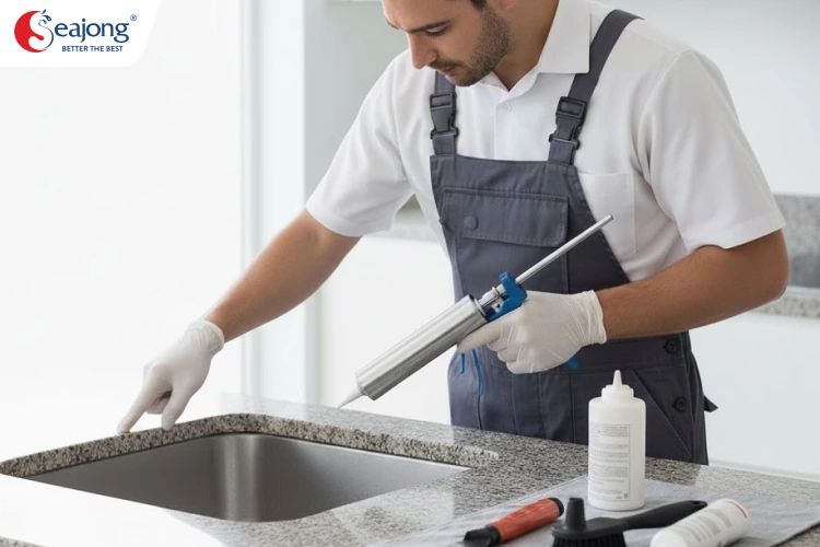 Xử lý kẽ hở giữa chậu bếp và bàn đá bằng keo Epoxy trong suốt