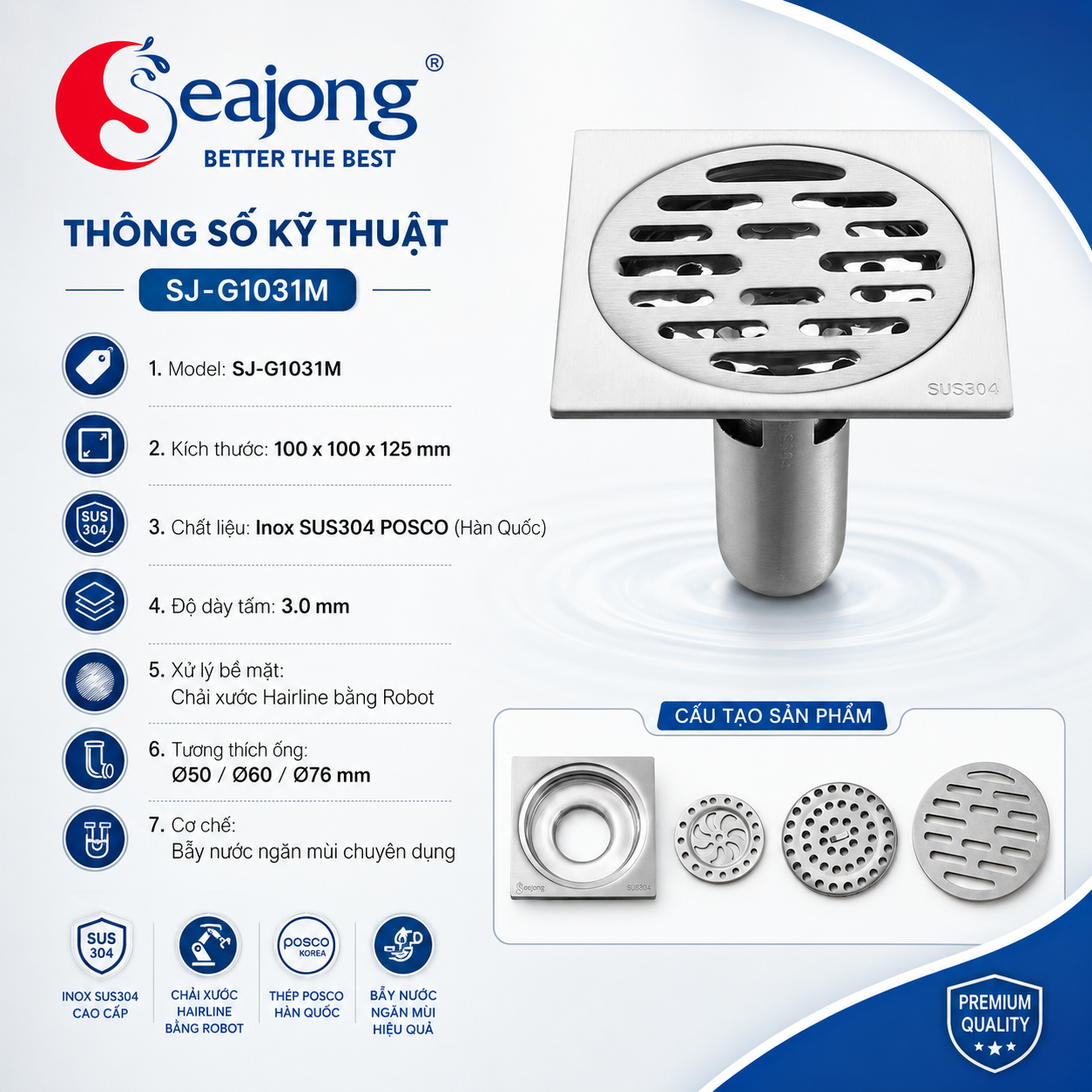 Ga thoát sàn SUS304 cao cấp SJ-G1031M