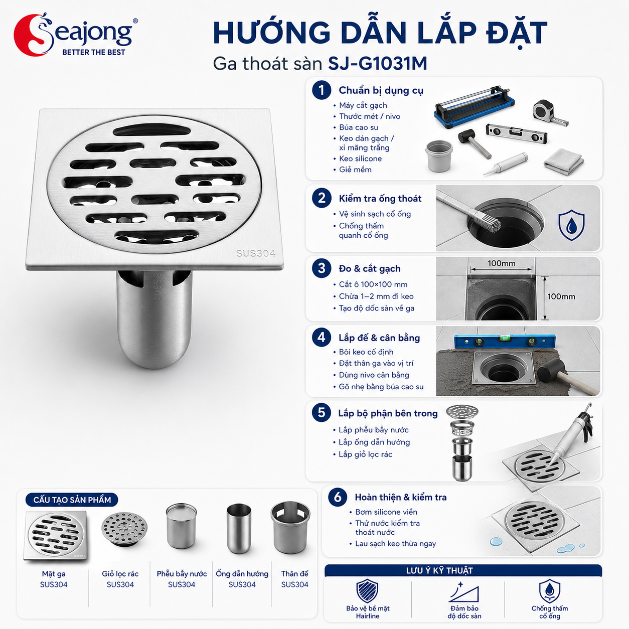 Ga thoát sàn SUS304 cao cấp SJ-G1031M