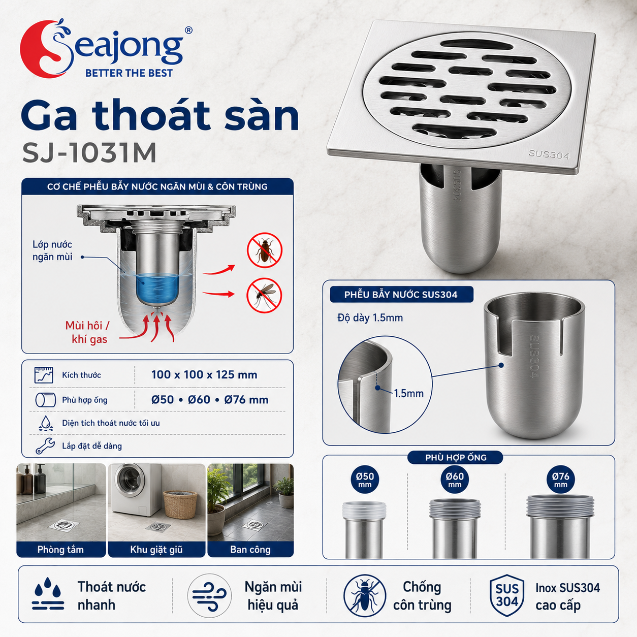 Ga thoát sàn SUS304 cao cấp SJ-G1031M
