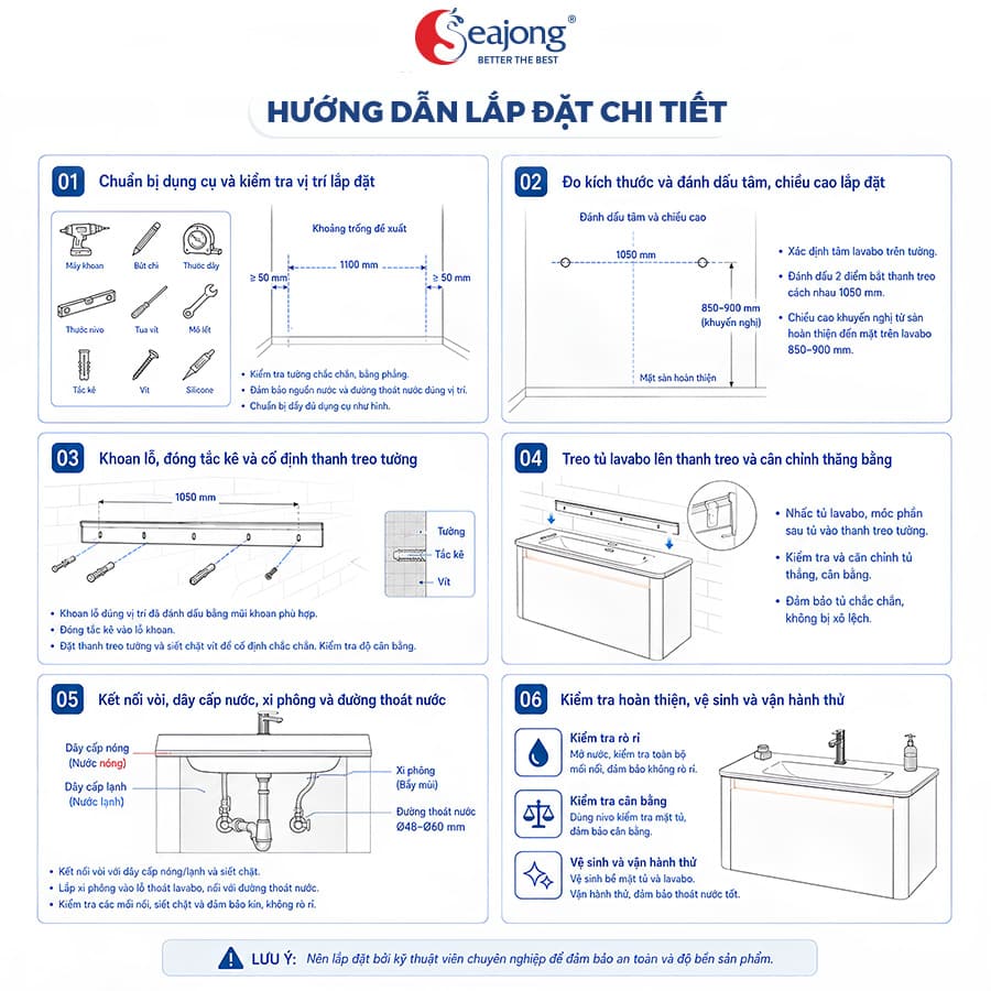 6 bước hướng dẫn lắp đặt tủ lavabo Seajong đúng kỹ thuật