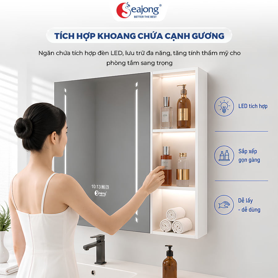 Ngăn kệ cạnh gương tích hợp dải đèn LED