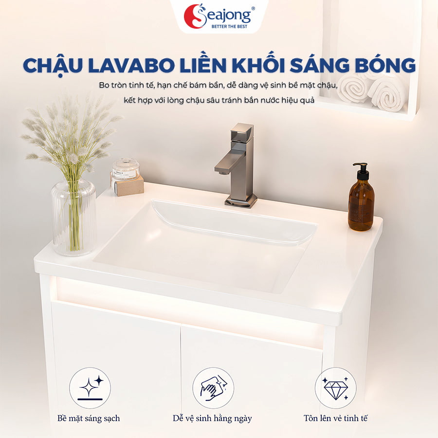 Mặt chậu lavabo liền khối trắng sáng, lòng sâu chống bắn nước