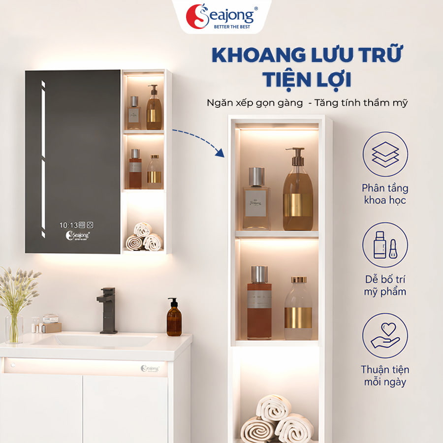 Kệ hở phân tầng cạnh gương tích hợp dải LED sang trọng