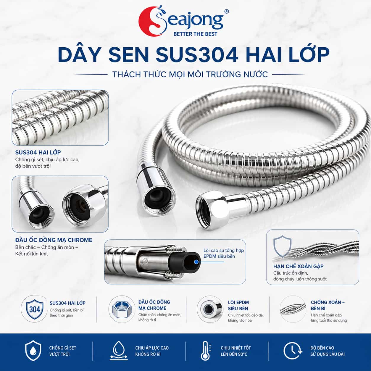 Dây sen SUS304 hai lớp lõi EPDM của hệ sen cây Seajong