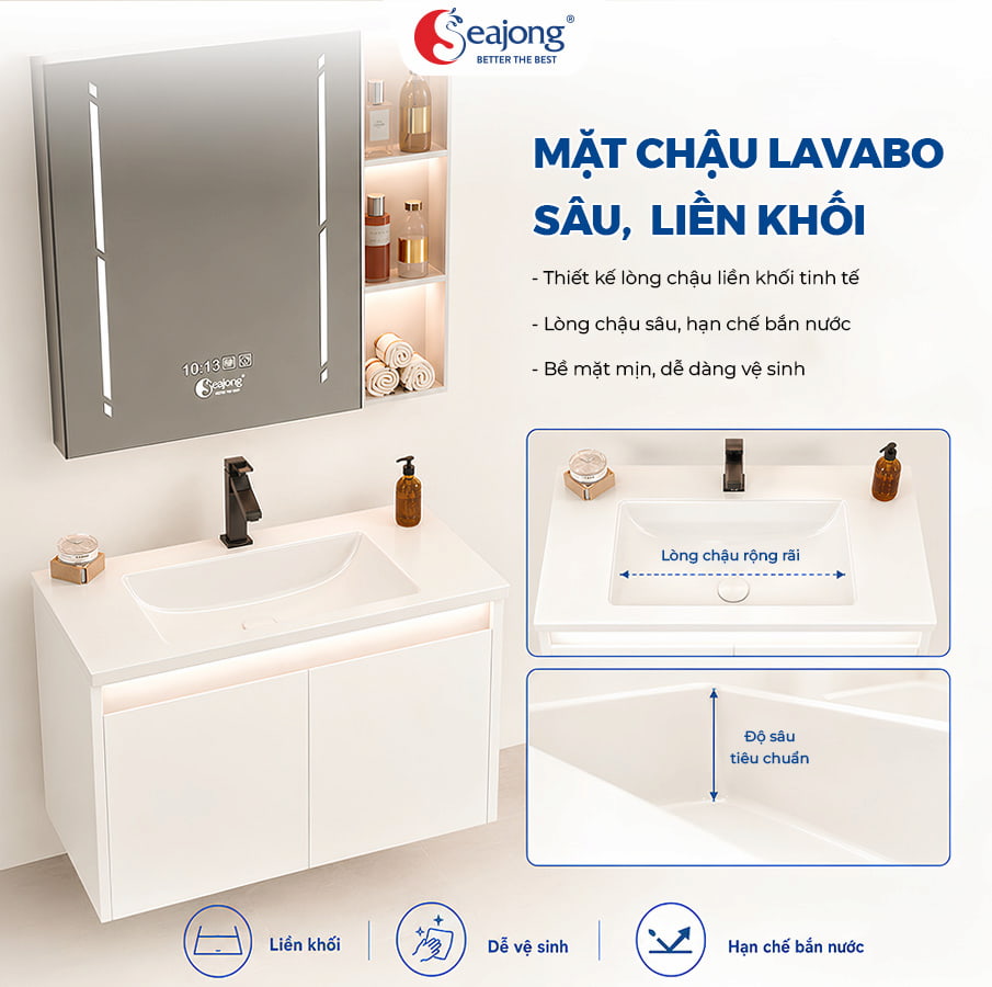 Chậu lavabo liền khối sâu, bo tròn tinh tế chống bắn nước