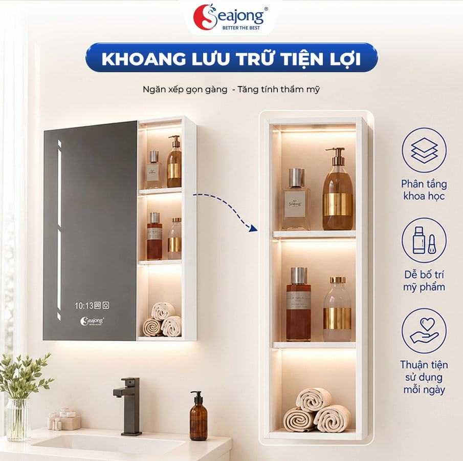 Kệ hở phân tầng cạnh gương tích hợp đèn LED hắt sáng