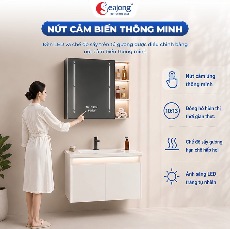 Nút cảm ứng thông minh và đồng hồ trên tủ gương