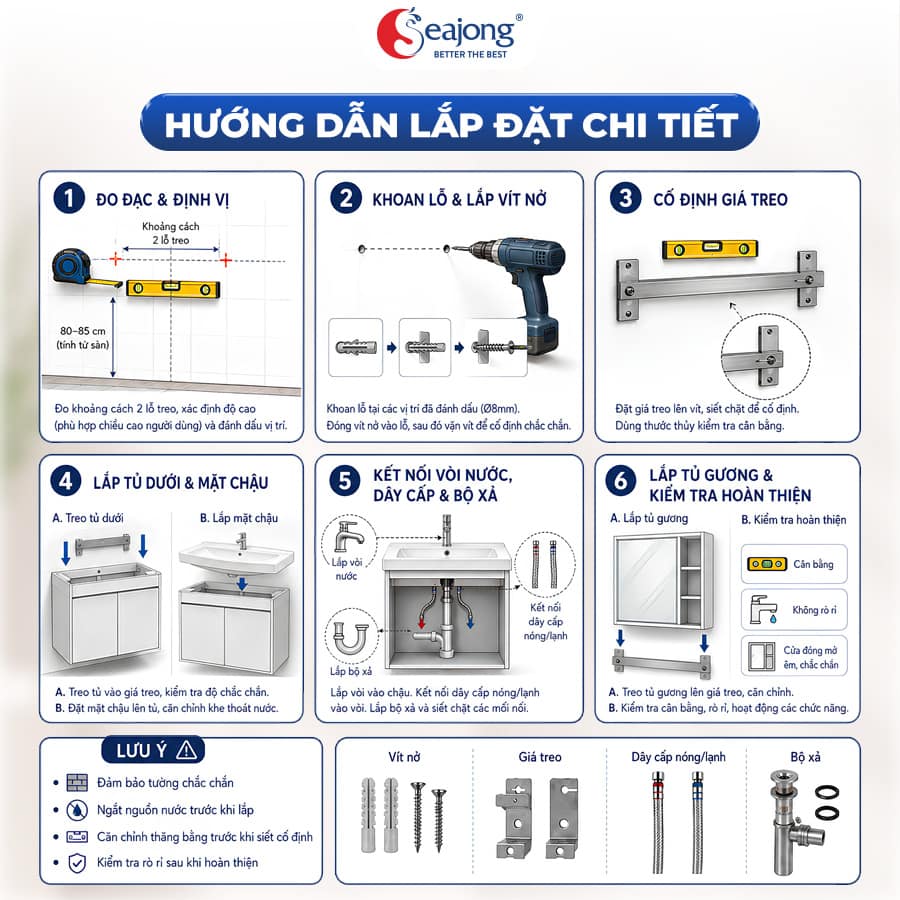 Hướng dẫn lắp đặt tủ lavabo Seajong Lionfine TL6050SUR1-WD06