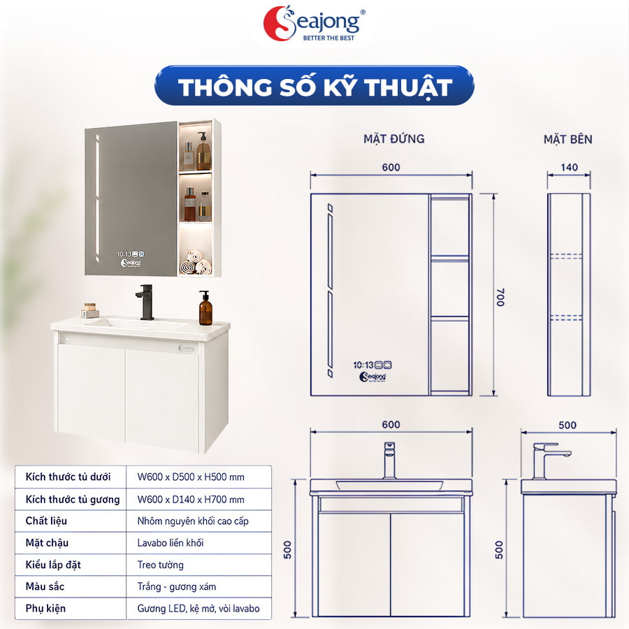 Bản vẽ kích thước tủ lavabo Seajong Lionfine TL6050SUR1-WD06