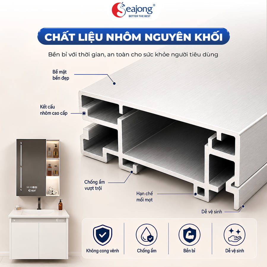 Cấu trúc nhôm nguyên khối của tủ lavabo Seajong Lionfine TL6050SUR1-WD06