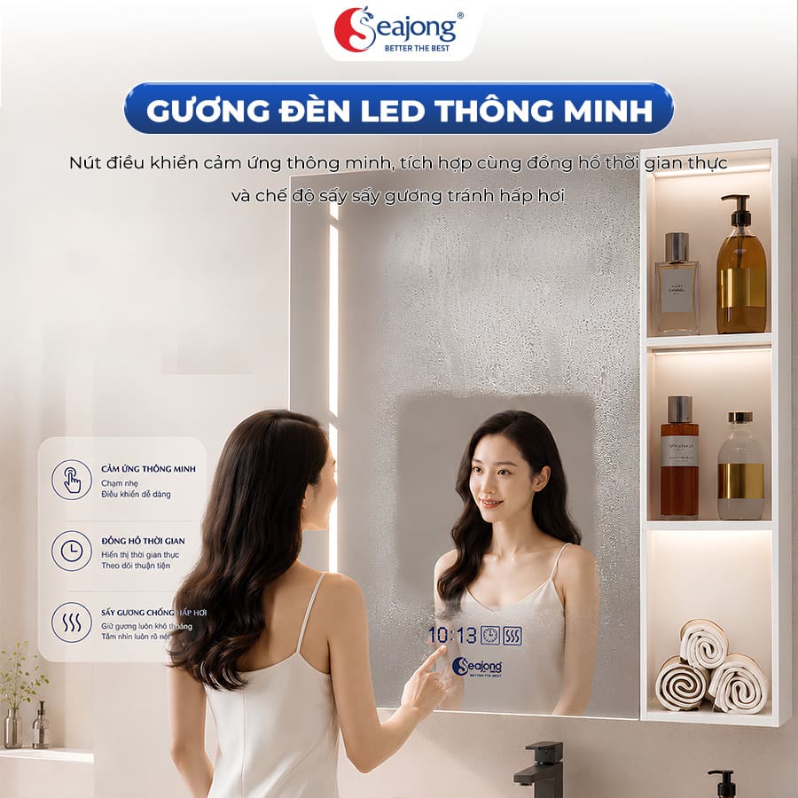 Gương LED thông minh với cảm ứng và sấy chống mờ của tủ lavabo Seajong Lionfine TL6050SUR1-WD06