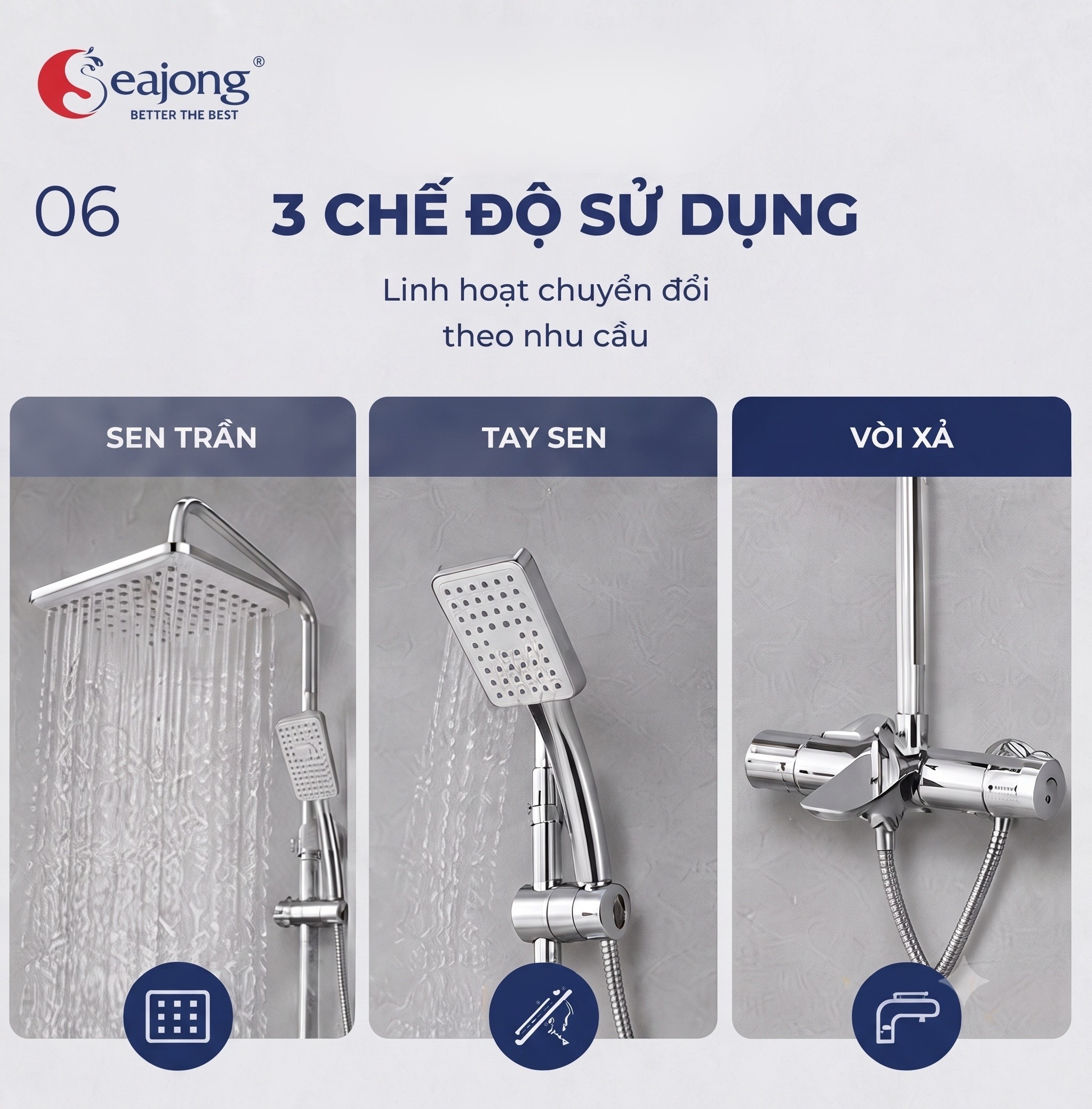 Ba chế độ sử dụng tiện lợi tích hợp trên sen cây Seajong SJ-SC072B-SR