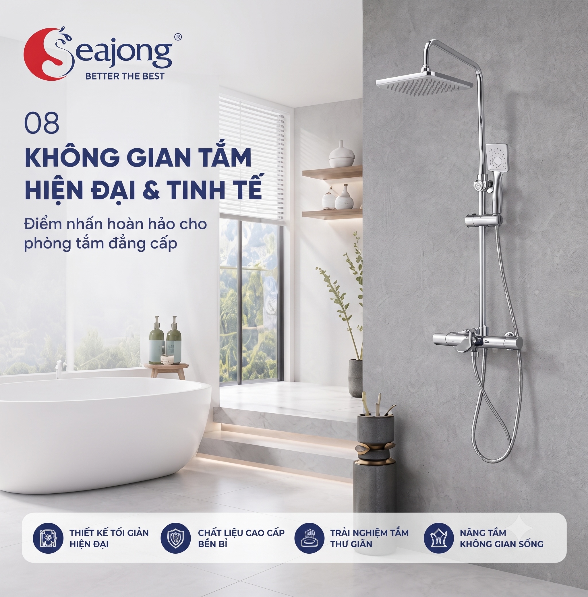 Không gian phòng tắm hiện đại trang bị sen cây Seajong SJ-SC072B-SR
