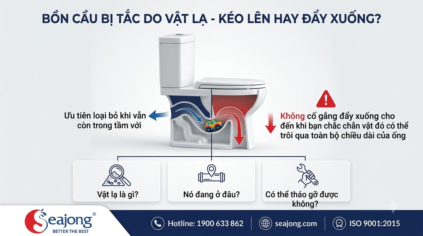 Bồn cầu tắc dị vật: Nên kéo ra hay đẩy xuống?