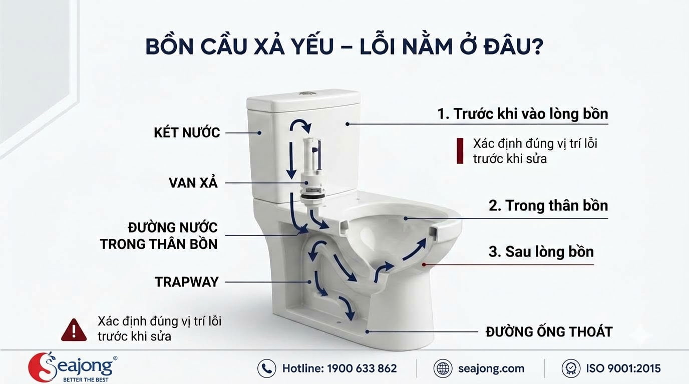 Bồn cầu xả yếu: Nguyên nhân nằm ở két nước, đường xả hay đường ống?