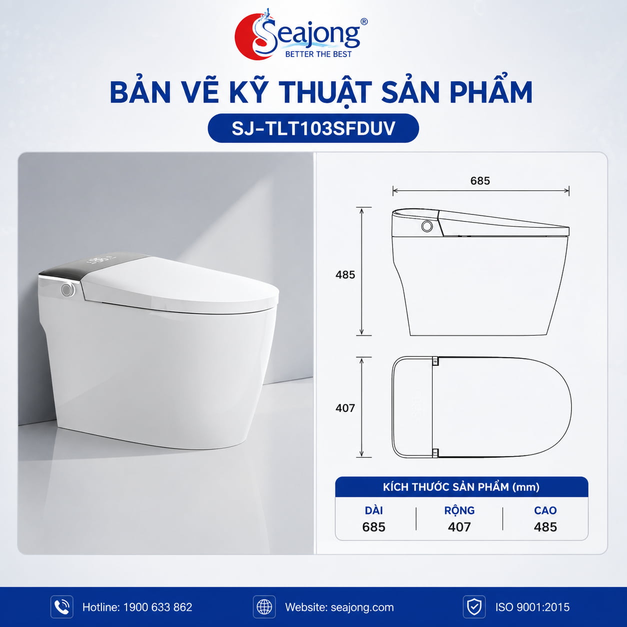 Bản vẽ kỹ thuật Bồn cầu thông minh Seajong SJ-TLT103SFDUV 685x407x485mm