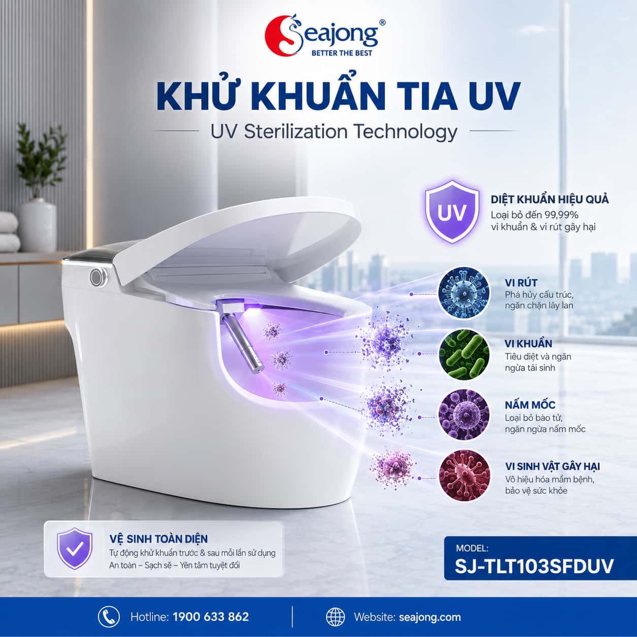 Công nghệ khử khuẩn UV Bồn cầu thông minh Seajong SJ-TLT103SFDUV