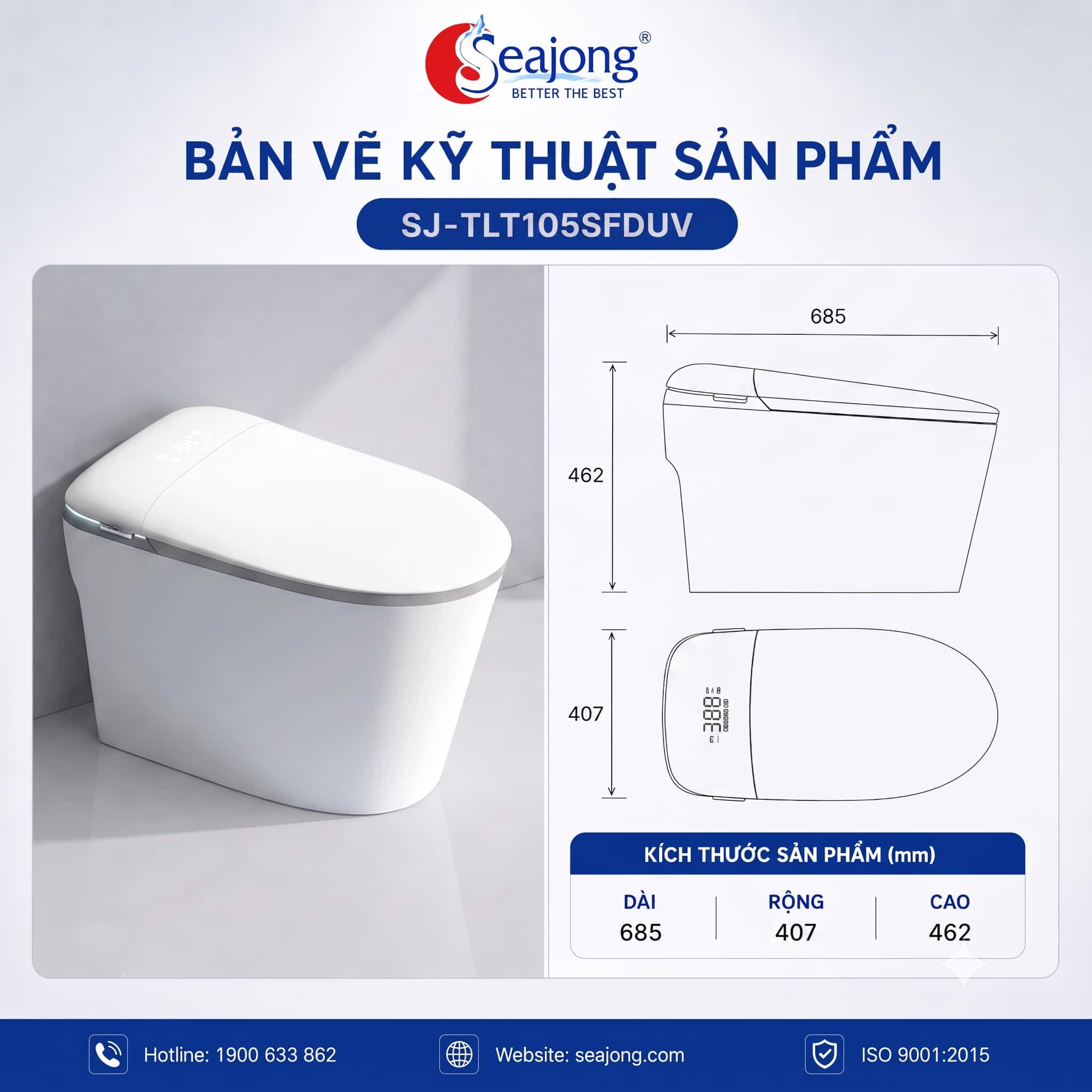 Bản vẽ kỹ thuật Bồn cầu thông minh Seajong SJ-TLT105SFDUV 685x407x462mm