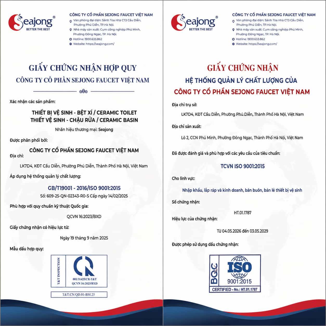 Chứng nhận và hệ thống quản lý chất lượng Seajong