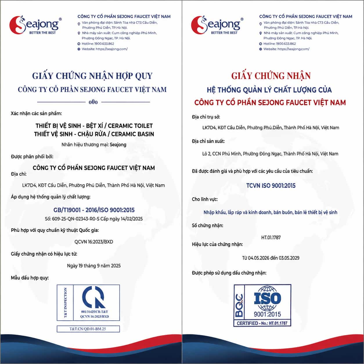 Chứng nhận và hệ thống quản lý chất lượng Seajong