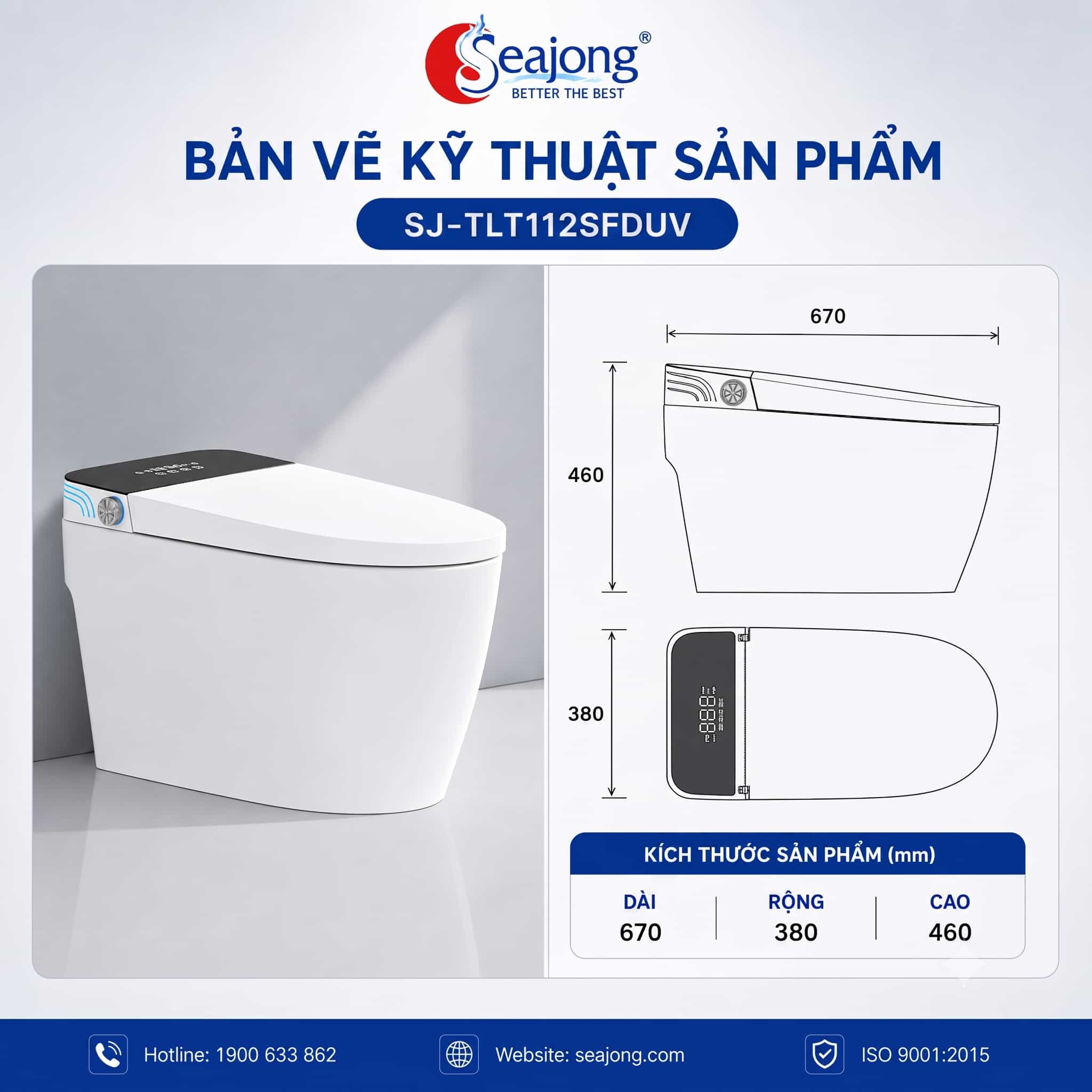 Bản vẽ kỹ thuật Bồn cầu thông minh Seajong SJ-TLT112SFDUV 670x380x460mm