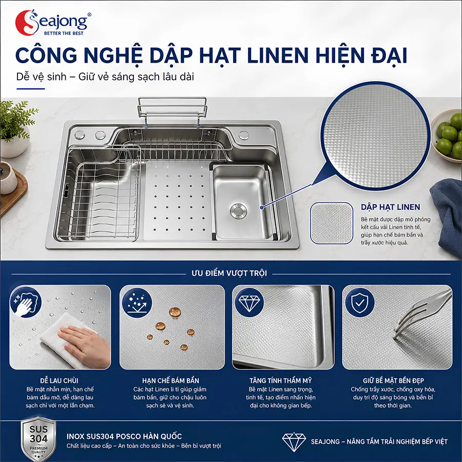 Công nghệ dập hạt Linen trên Chậu bếp một hố Seajong SJ-7848D