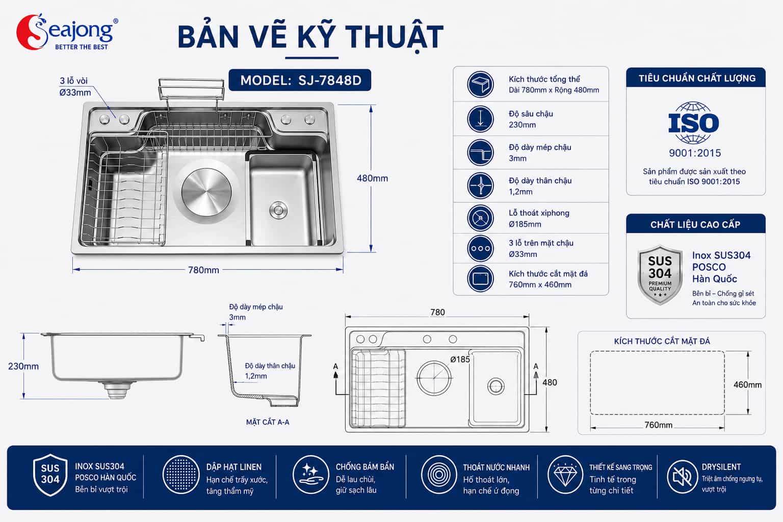 Bản vẽ kỹ thuật Chậu bếp một hố Seajong SJ-7848D 780x480mm