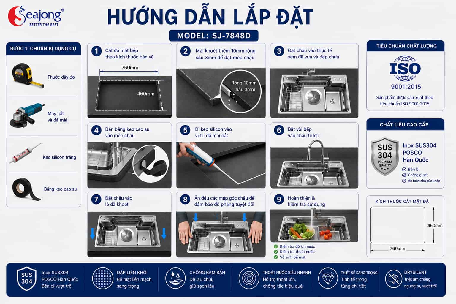 Hướng dẫn lắp đặt Chậu bếp một hố Seajong SJ-7848D