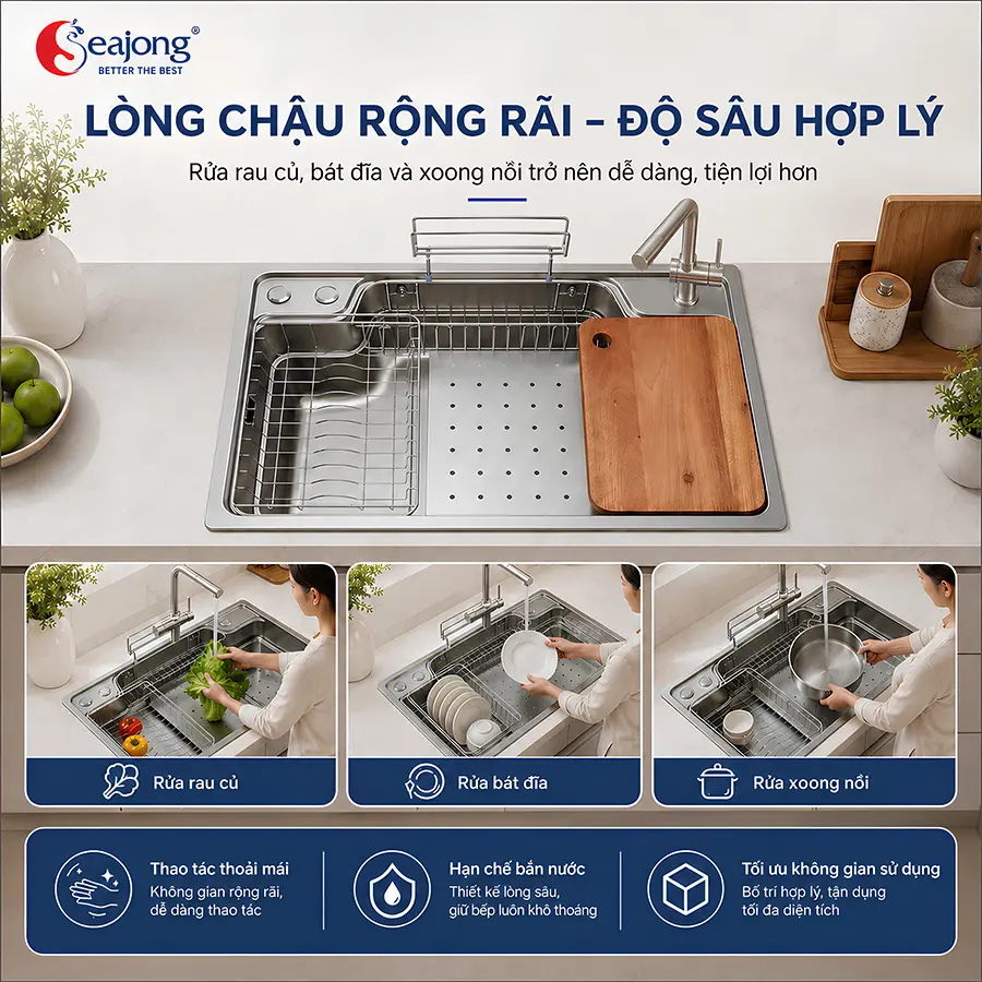 Chậu bếp một hố Seajong SJ-7848D với lòng chậu rộng và phụ kiện đa năng