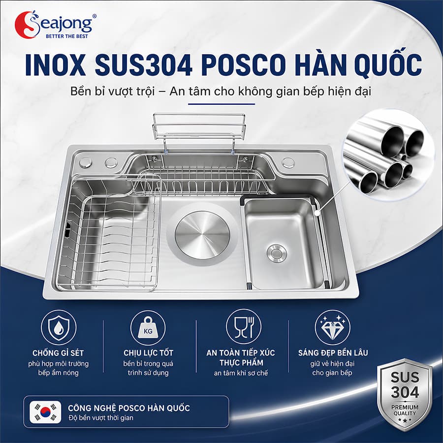 Chậu bếp một hố Seajong SJ-7848D Inox SUS304 Posco Hàn Quốc