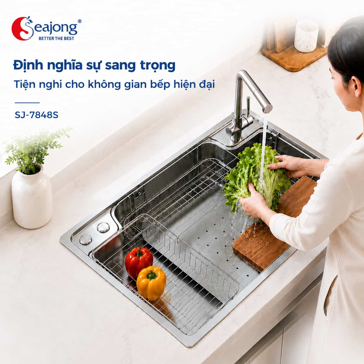 Chậu bếp một hố Seajong SJ-7848D trong không gian bếp hiện đại