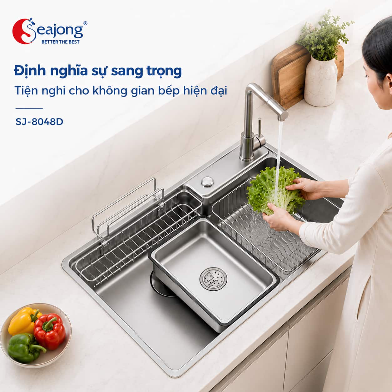 Chậu bếp một hố Seajong SJ-8048D trong không gian bếp hiện đại