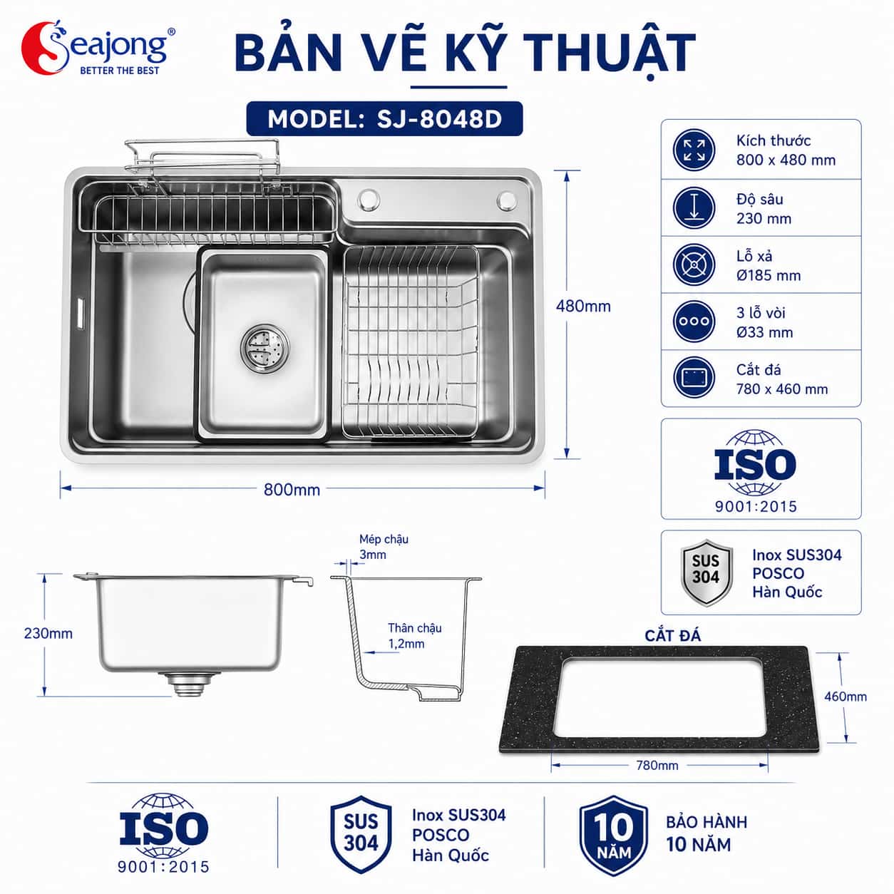 Bản vẽ kỹ thuật Chậu bếp một hố Seajong SJ-8048D 800x480mm