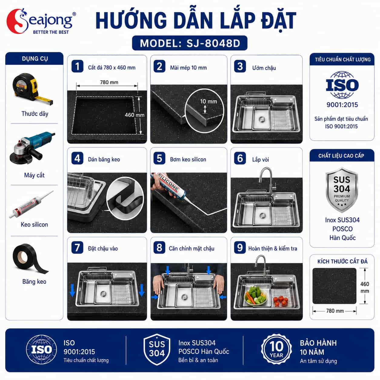 Hướng dẫn lắp đặt Chậu bếp một hố Seajong SJ-8048D