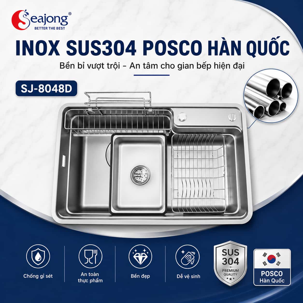 Chậu bếp một hố Seajong SJ-8048D Inox SUS304 Posco Hàn Quốc
